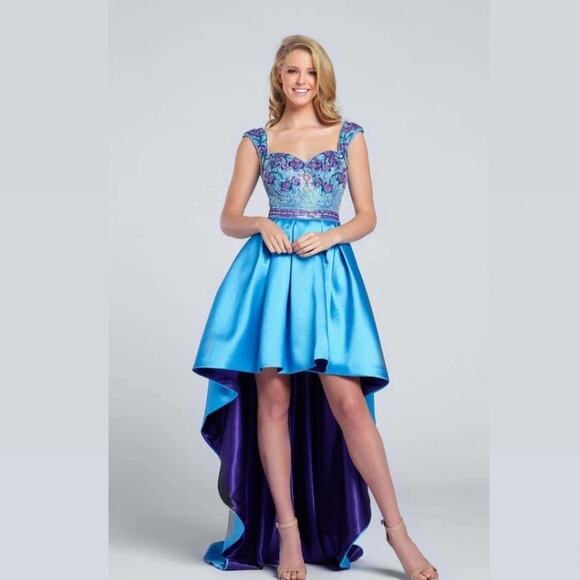 NWOT Ellie Wilde Mon Cheri Blue & Purple Floral High Low Gown, Sz 12 - Picture 1 of 14